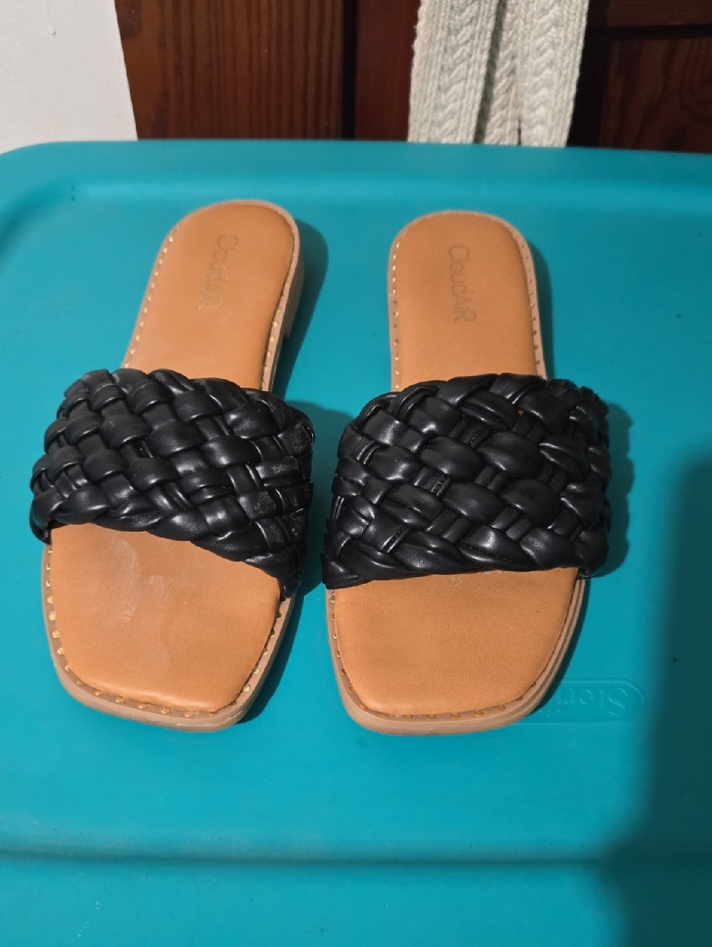 ComfortAir Women's Black Braided Slide Sandals with Tan Footbed